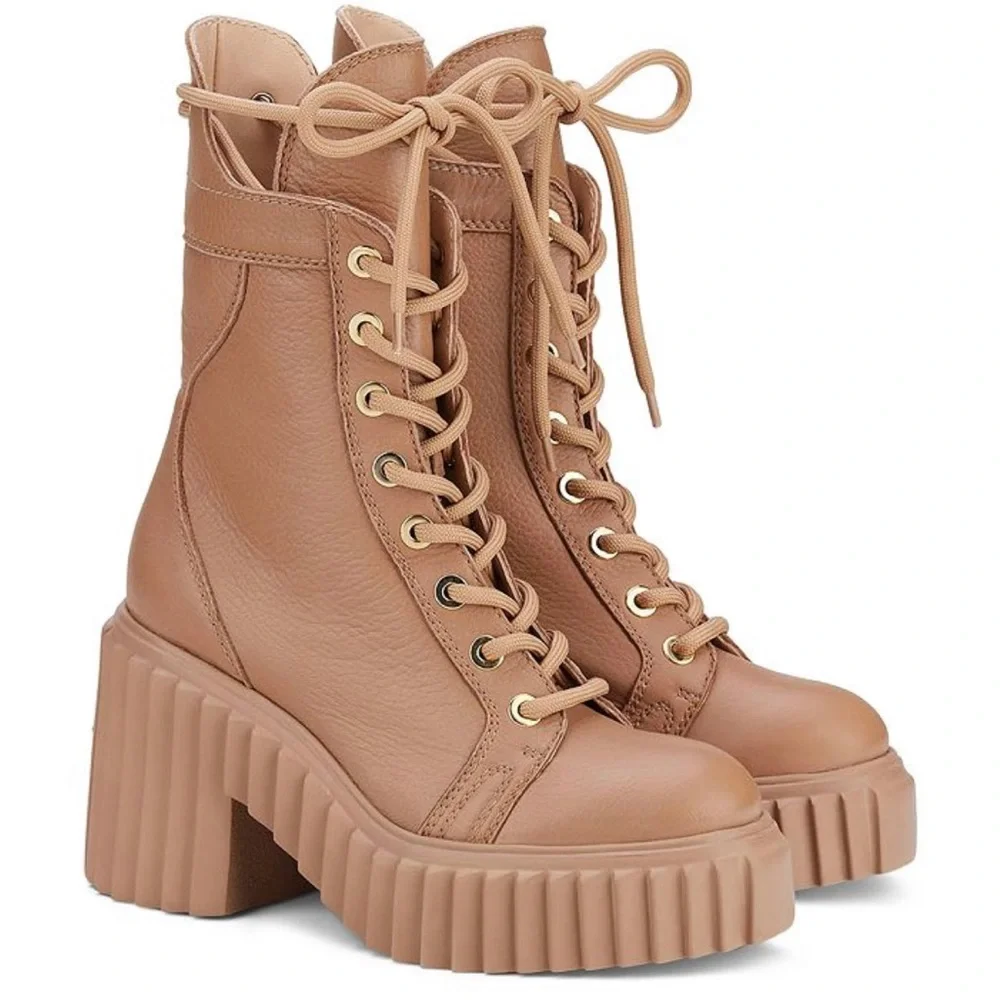 AGL Tania Leather Platform Combat Boots Camel Brown Lace Up Made Italy 7.5